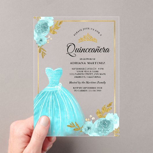 Mousserende jurk Aqua Blue Floral Gold Quinceanera Acryl Uitnodigingen (Insitu (Draagbaar))