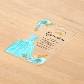 Mousserende jurk Aqua Blue Floral Gold Quinceanera Acryl Uitnodigingen (Laagn)