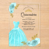 Mousserende jurk Aqua Blue Floral Gold Quinceanera Acryl Uitnodigingen (Voorkant)