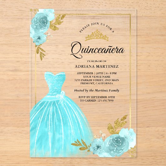 Mousserende jurk Aqua Blue Floral Gold Quinceanera Acryl Uitnodigingen (Voorkant)
