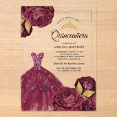 Mousserende jurk Bourgogne Bloemrijke Goud Quincea Acryl Uitnodigingen (Voorkant)