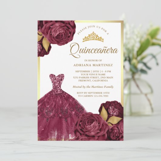 Mousserende jurk Bourgogne Bloemrijke Goud Quincea Kaart (Staand voorkant)