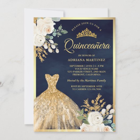 Mousserende jurk Ivoor Floral Navy Gold Quinceaner Kaart (Voorkant)