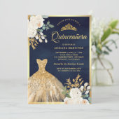Mousserende jurk Ivoor Floral Navy Gold Quinceaner Kaart (Staand voorkant)