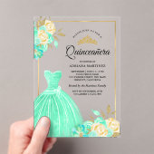Mousserende jurk Mint Green Floral Gold Quinceaner Acryl Uitnodigingen (Insitu (Draagbaar))