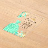 Mousserende jurk Mint Green Floral Gold Quinceaner Acryl Uitnodigingen (Laagn)