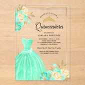 Mousserende jurk Mint Green Floral Gold Quinceaner Acryl Uitnodigingen (Voorkant)