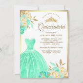 Mousserende jurk Mint Green Floral Gold Quinceaner Kaart (Voorkant)