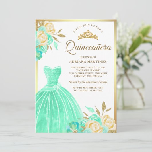 Mousserende jurk Mint Green Floral Gold Quinceaner Kaart (Staand voorkant)
