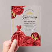 Mousserende jurk Red Roses Gold Quinceanera Acryl Uitnodigingen (Insitu (Draagbaar))