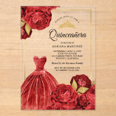 Mousserende jurk Red Roses Gold Quinceanera Acryl Uitnodigingen (Voorkant)