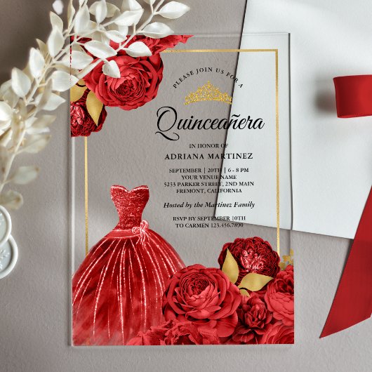 Mousserende jurk Red Roses Gold Quinceanera Acryl Uitnodigingen