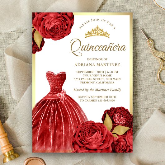 Mousserende jurk Red Roses Gold Quinceanera Kaart