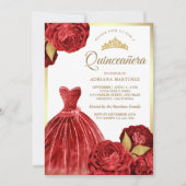Mousserende jurk Red Roses Gold Quinceanera Kaart (Voorkant)