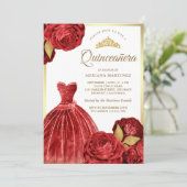 Mousserende jurk Red Roses Gold Quinceanera Kaart (Staand voorkant)