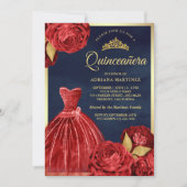 Mousserende jurk Red Roses Navy Gold Quinceanera Kaart (Voorkant)