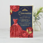 Mousserende jurk Red Roses Navy Gold Quinceanera Kaart (Staand voorkant)