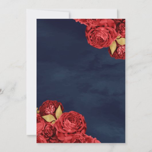 Mousserende jurk Red Roses Navy Gold Quinceanera Kaart (Achterkant)