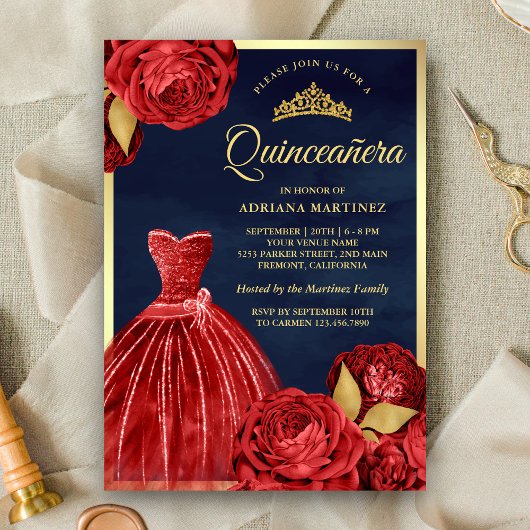 Mousserende jurk Red Roses Navy Gold Quinceanera Kaart
