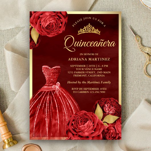 Mousserende jurk Rode rozen Maroon Gold Quinceaner Kaart