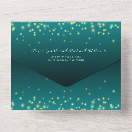 Mousserende lichten blauwgroen blauw winterfeest all in one uitnodiging (Achterkant)