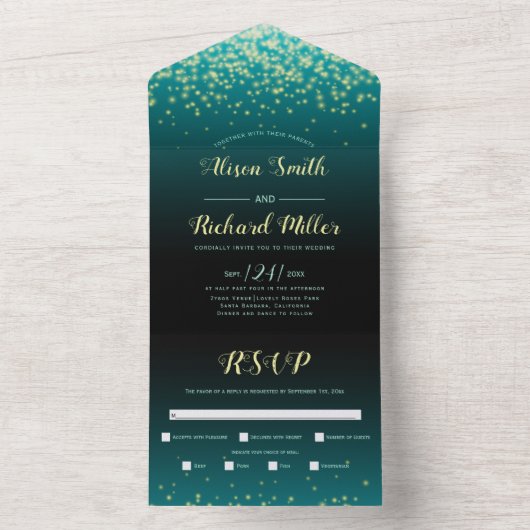 Mousserende lichten blauwgroen blauw winterfeest all in one uitnodiging (Binnen)