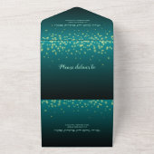 Mousserende lichten blauwgroen blauw winterfeest all in one uitnodiging (Buitenkant)