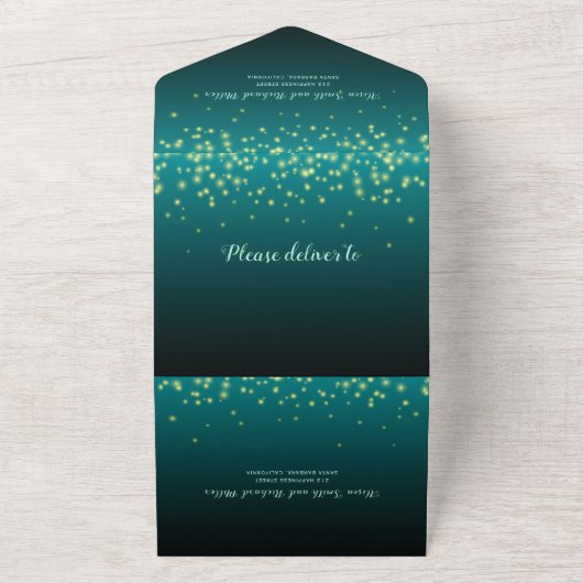 Mousserende lichten blauwgroen blauw winterfeest all in one uitnodiging (Buitenkant)