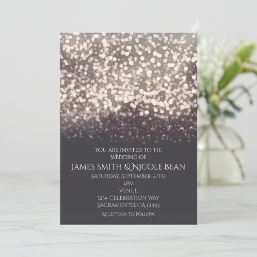 Mousserende lichten Romantic Modern Grey Wedding Kaart (Staand voorkant)