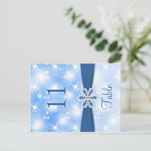 Mousserende lichten, sneeuwvlok op blauw Tafelnumm Briefkaart (Staand voorkant)