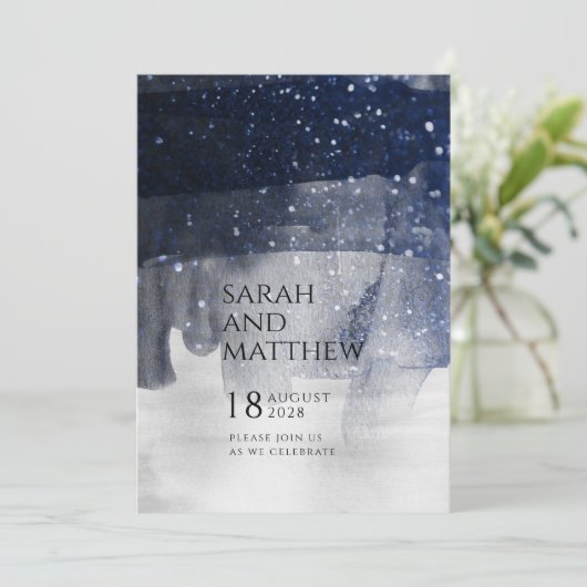Mousserende marine en zilveren moderne bruiloft kaart (Staand voorkant)