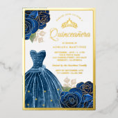 Mousserende marineblauw Roos Quinceanera Gold Folie Uitnodiging (Voorkant)