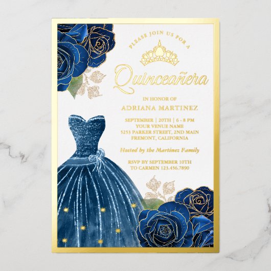 Mousserende marineblauw Roos Quinceanera Gold Folie Uitnodiging (Voorkant)