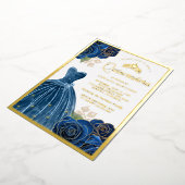 Mousserende marineblauw Roos Quinceanera Gold Folie Uitnodiging (Gedraaid)
