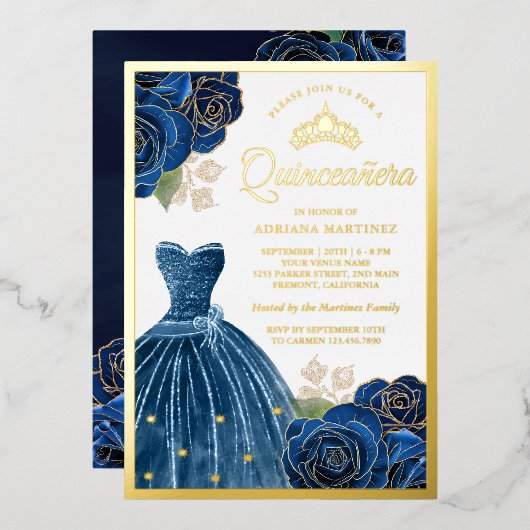 Mousserende marineblauw Roos Quinceanera Gold Folie Uitnodiging (Voorkant / Achterkant)