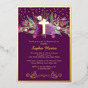 Mousserende Paarse Amethist Bloemenkruis doop Folie Uitnodiging