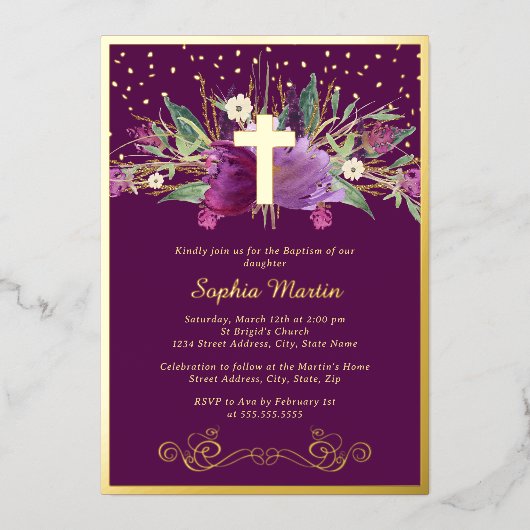 Mousserende Paarse Amethist Bloemenkruis doop Folie Uitnodiging (Voorkant)