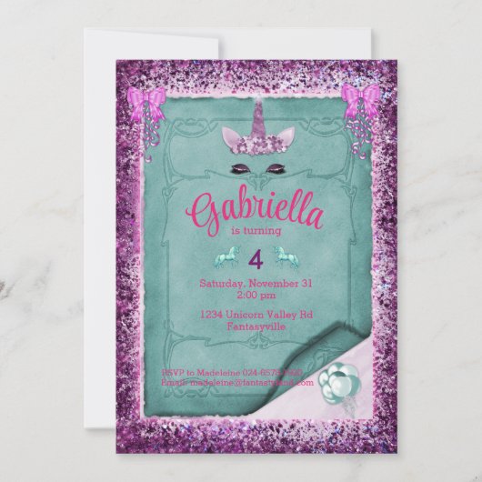 Mousserende Paarse Unicorn Birthday Uitnodiging (Voorkant)