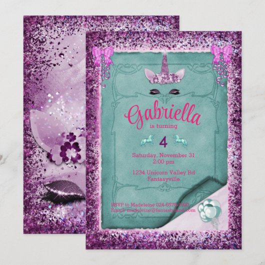 Mousserende Paarse Unicorn Birthday Uitnodiging (Voorkant / Achterkant)