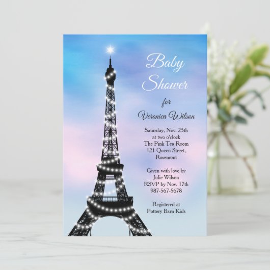 Mousserende Parijse Baby shower Nodig roze/blauw u Kaart (Staand voorkant)