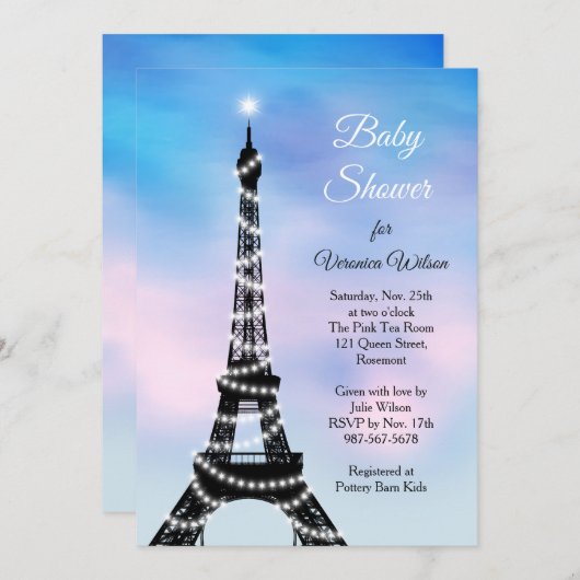 Mousserende Parijse Baby shower Nodig roze/blauw u Kaart (Voorkant / Achterkant)