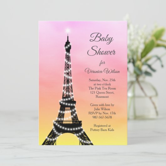 Mousserende Parijse Baby shower Nodig roze/geel ui Kaart (Staand voorkant)