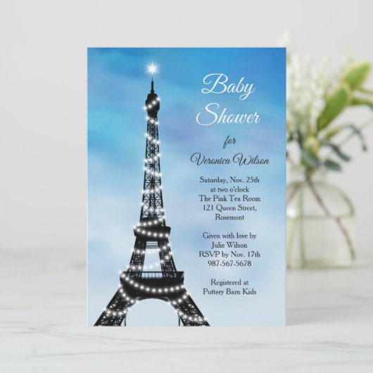 Mousserende Parijse Baby shower Uitnodiging blauw (Staand voorkant)