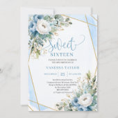 Mousserende Pastel Blauw Wit Bloemen Zoet 16 Uitno Kaart (Voorkant)