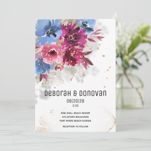 Mousserende periwinkle & Roze bruiloft Aankondiging (Staand voorkant)