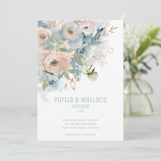 Mousserende perziken Blush & Dusty Blue Modern Wed Aankondiging (Staand voorkant)