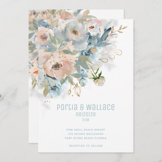 Mousserende perziken Blush & Dusty Blue Modern Wed Aankondiging (Voorkant / Achterkant)