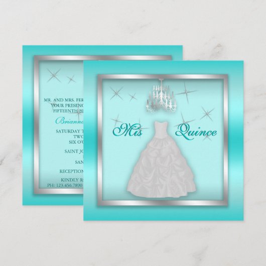 Mousserende Quinceanera Nodig Blauwgroen Zilver Wh Kaart (Voorkant / Achterkant)
