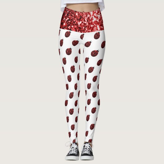 Mousserende rode sparken Ladybug-patroon op wit Leggings (Voorkant)