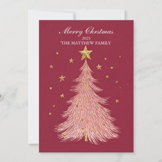 Mousserende Roze Boom Gouden Kerst Kaart (Voorkant)